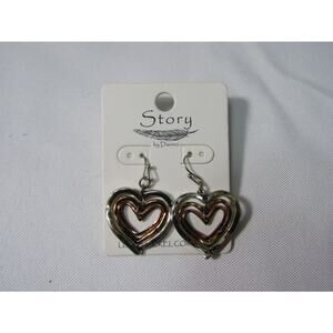 Story by Davinci 2 Tone 3 Layer Heart Dangly Earrings 1.5" Boho Neutral Minimal